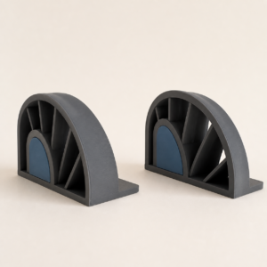 To grafitfarvede 3D printede Arc bogstøtter med blå detaljer